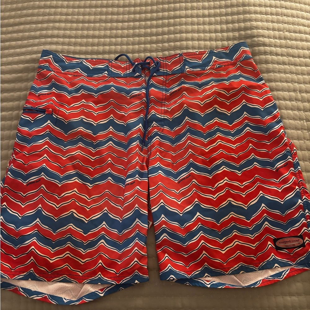 Vineyard Vines Red and Blue Board Shorts with Chevron Pattern